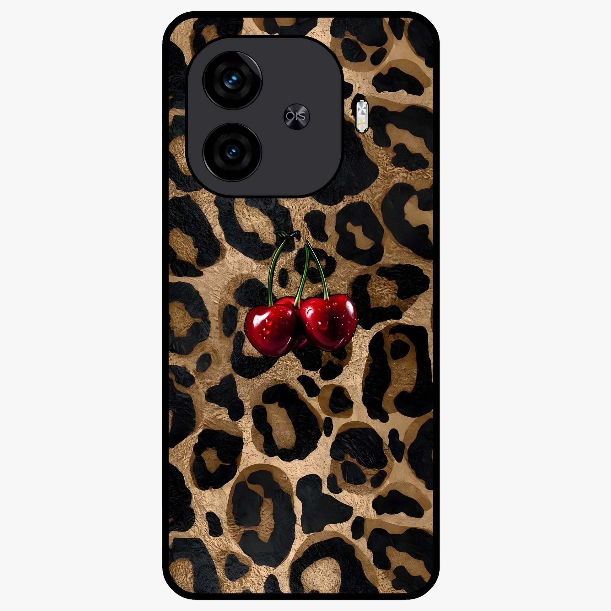 Leopard Wild Cherry Glass Case showing flat back view with leopard pattern and cherry artwork and glossy glass finish.
