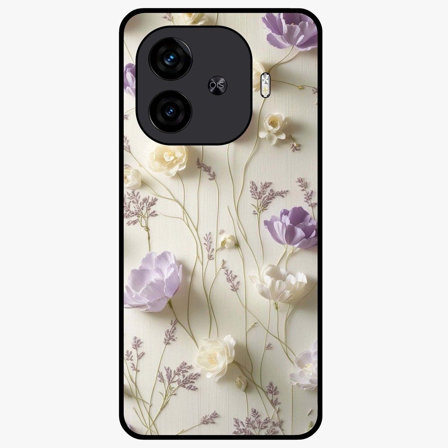 Lilac Breeze Harmony Glass Case showing flat back view with soft lilac themed artwork and glossy glass finish.
