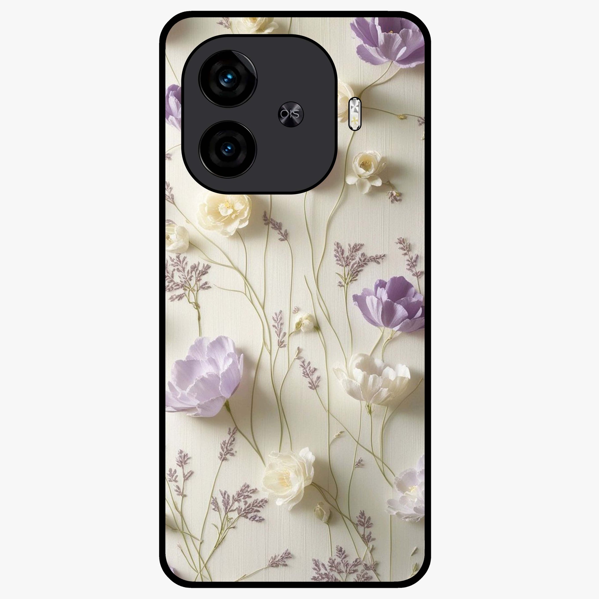Lilac Breeze Harmony Glass Case showing flat back view with soft lilac themed artwork and glossy glass finish.