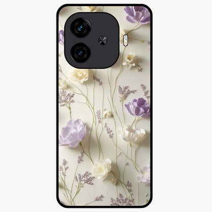 Lilac Breeze Harmony Glass Case showing flat back view with soft lilac themed artwork and glossy glass finish.