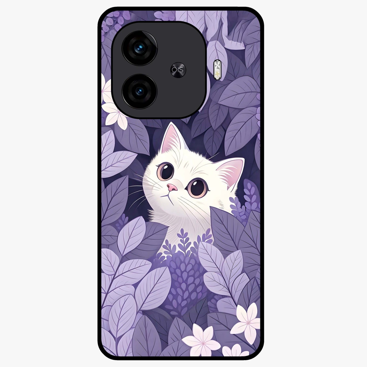 Lilac Hide Peek Cat Glass Case showing flat back view with cute peeking cat artwork and glossy glass finish.