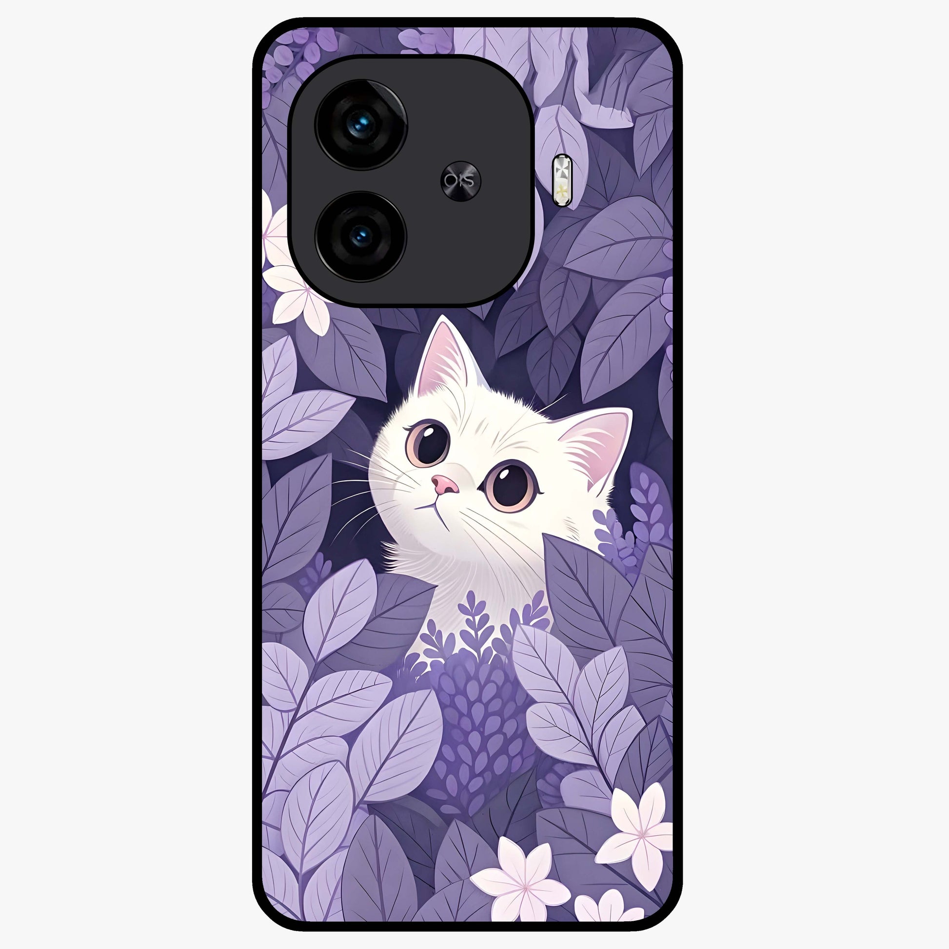 Lilac Hide Peek Cat Glass Case showing flat back view with cute peeking cat artwork and glossy glass finish.