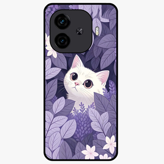 Lilac Hide Peek Cat Glass Case showing flat back view with cute peeking cat artwork and glossy glass finish.