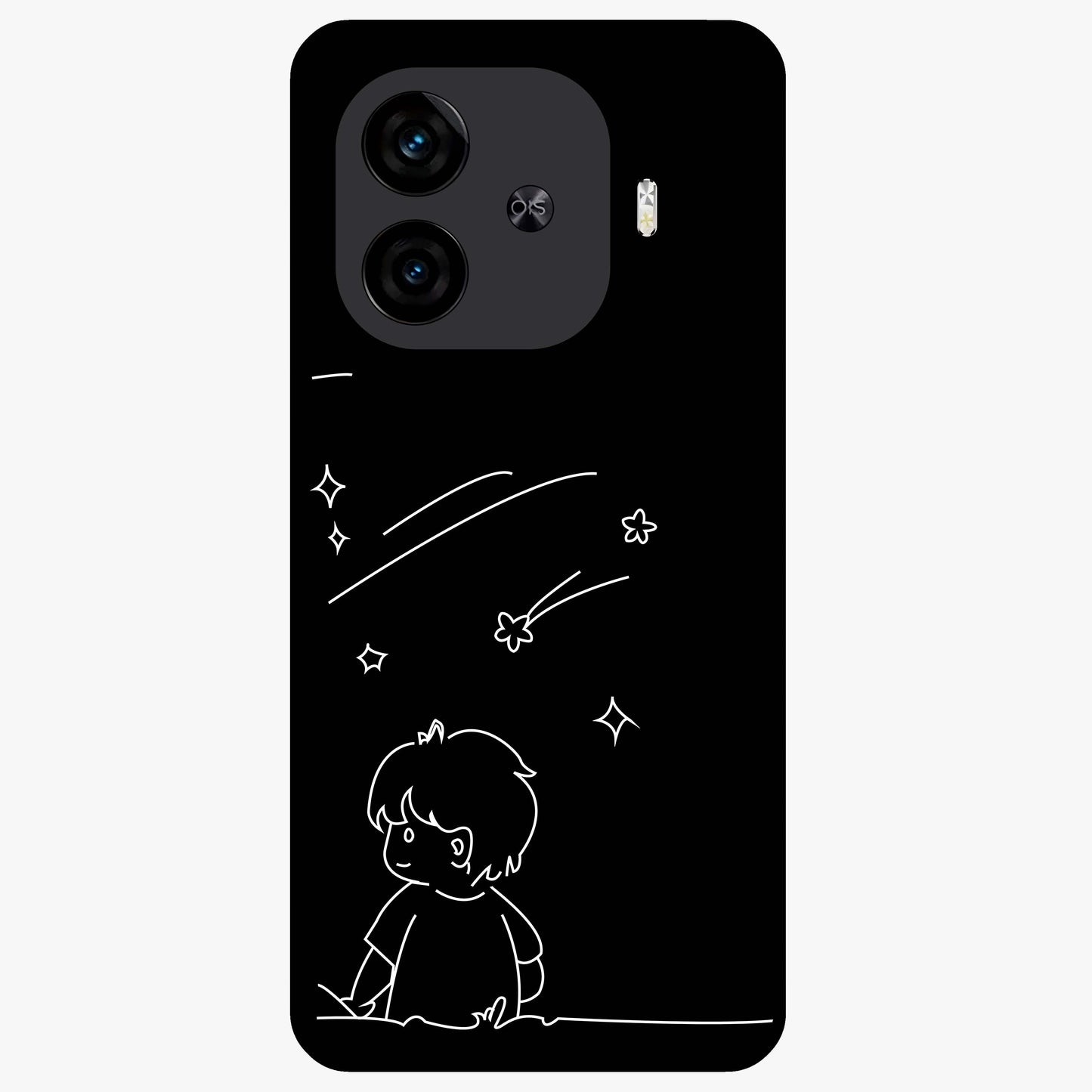 Line Art Boy With Shooting Stars Glass Case showing flat back view with minimal line art boy and shooting stars illustration and glossy glass finish.