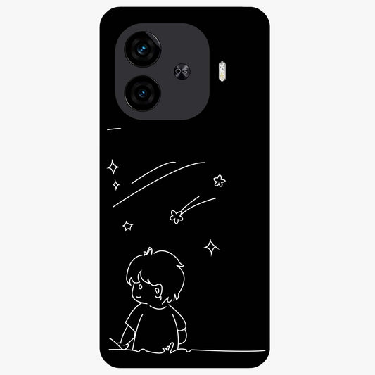 Line Art Boy With Shooting Stars Glass Case showing flat back view with minimal line art boy and shooting stars illustration and glossy glass finish.