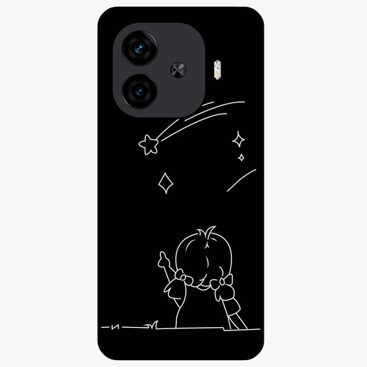 Line Art Girl With Shooting Stars Glass Case showing flat back view with minimal line art girl and shooting stars illustration and glossy glass finish.
