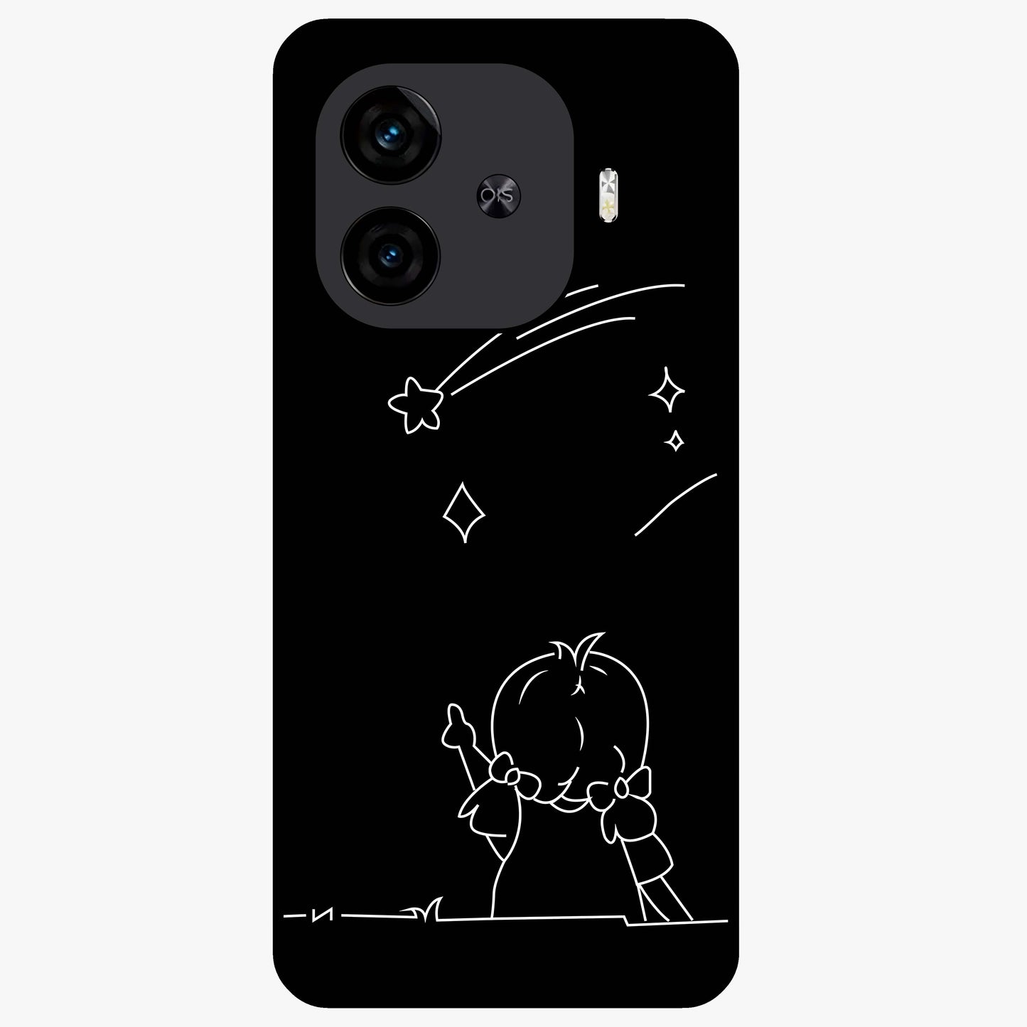 Line Art Girl With Shooting Stars Glass Case showing flat back view with minimal line art girl and shooting stars illustration and glossy glass finish.
