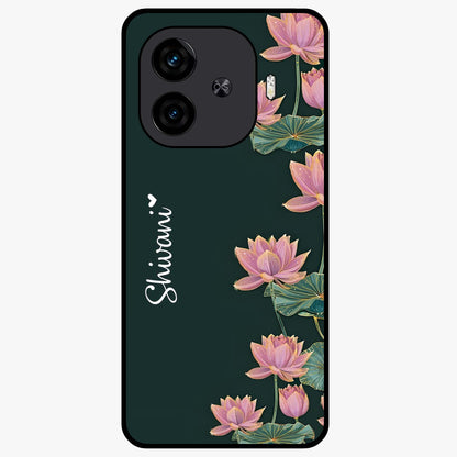 Lotus Bloom Serenity Custom Name Glass Case showing flat back view with elegant lotus flower artwork and personalized name design.