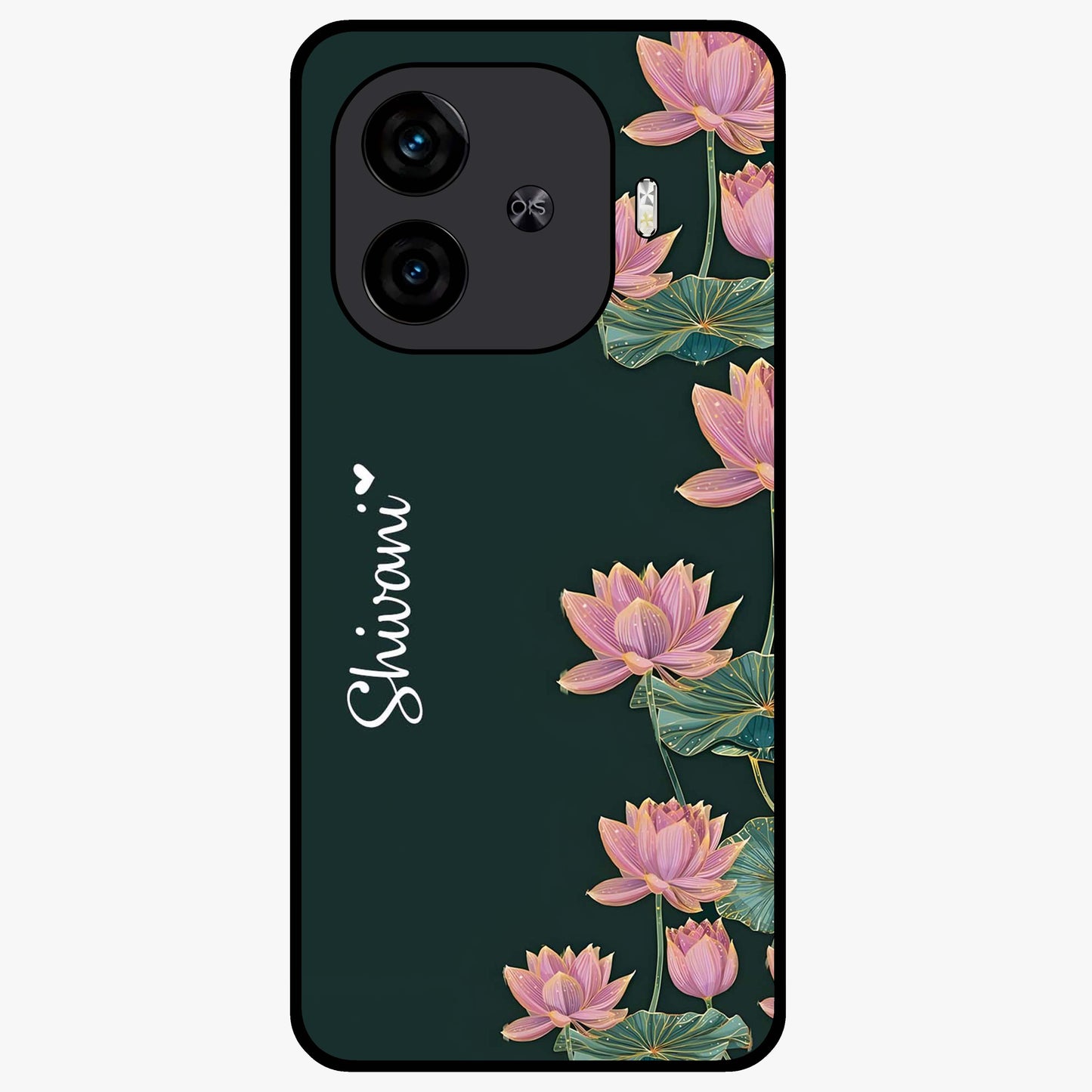 Lotus Bloom Serenity Custom Name Glass Case showing flat back view with elegant lotus flower artwork and personalized name design.