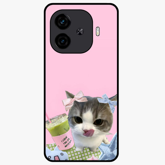 Love Matcha Cat Glass Case showing flat back view with cute cat and matcha themed artwork and glossy glass finish.