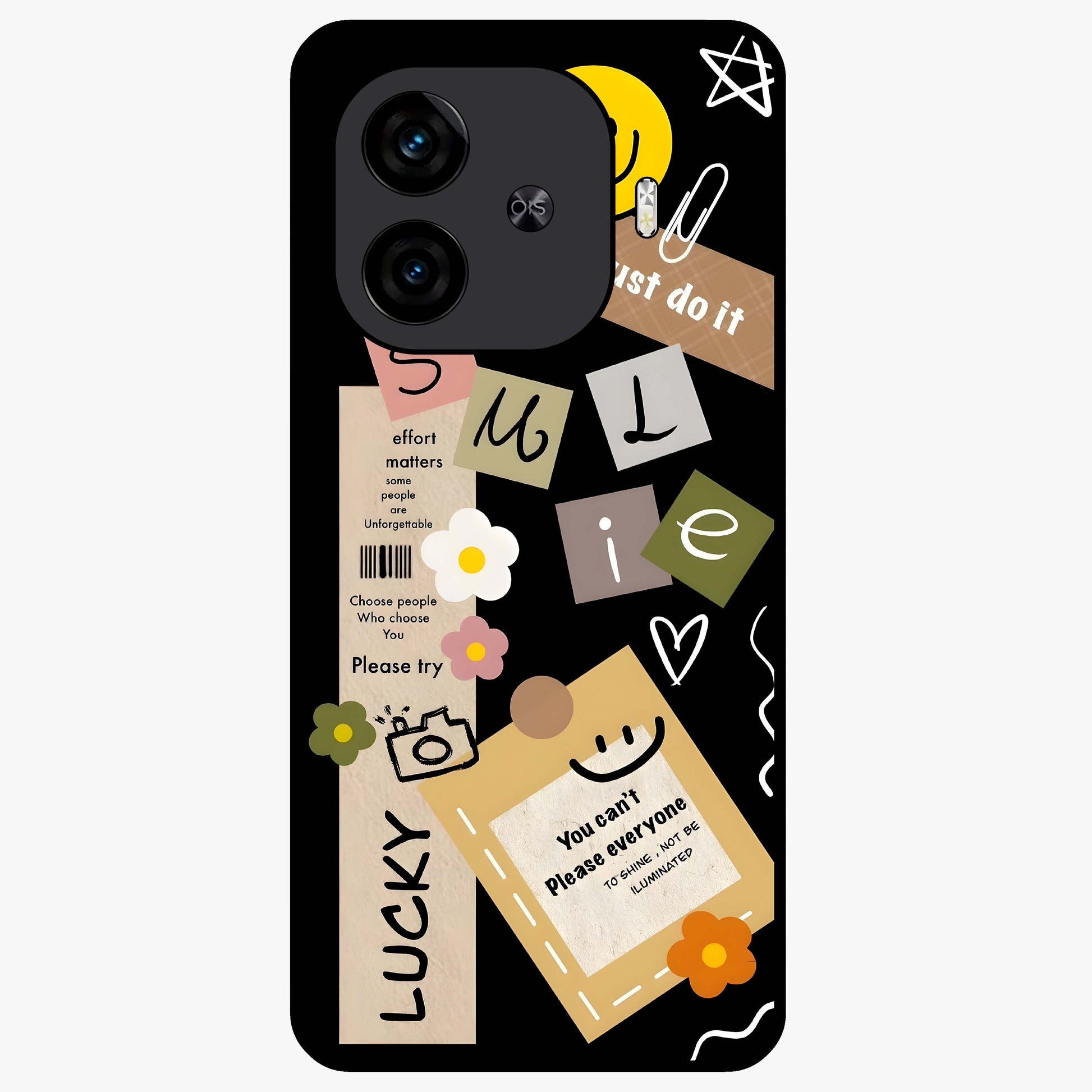 Lucky Aesthetic Collage Glass Case showing flat back view with trendy aesthetic collage artwork and glossy glass finish.