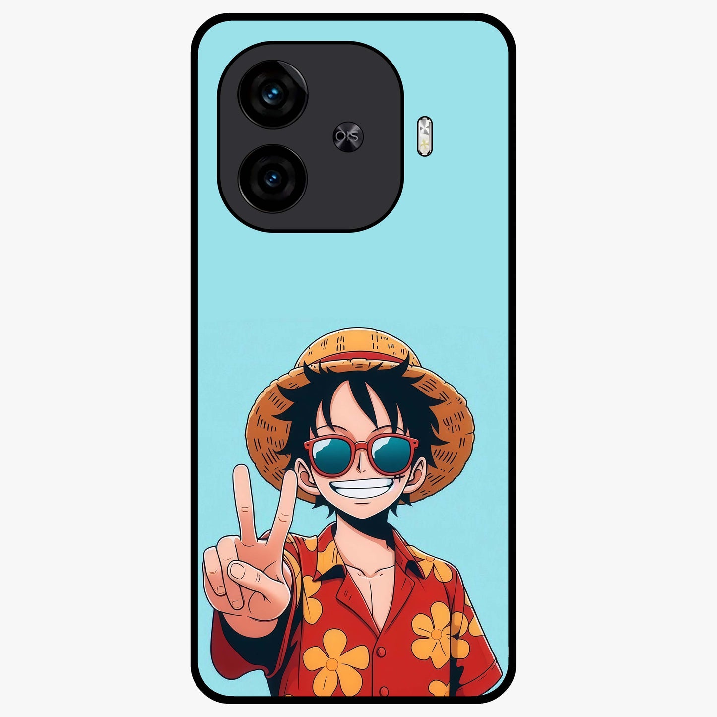 Luffy Summer Anime Vibe Glass Case showing flat back view with vibrant anime character artwork and glossy glass finish.