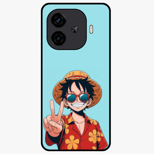 Luffy Summer Anime Vibe Glass Case showing flat back view with vibrant anime character artwork and glossy glass finish.