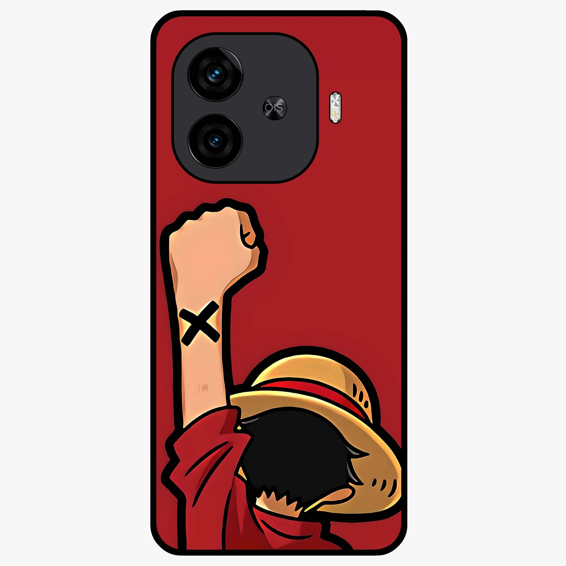 Luffy X Spirit Glass Case showing flat back view with bold anime character artwork and glossy glass finish.
