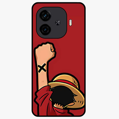 Luffy X Spirit Glass Case showing flat back view with bold anime character artwork and glossy glass finish.