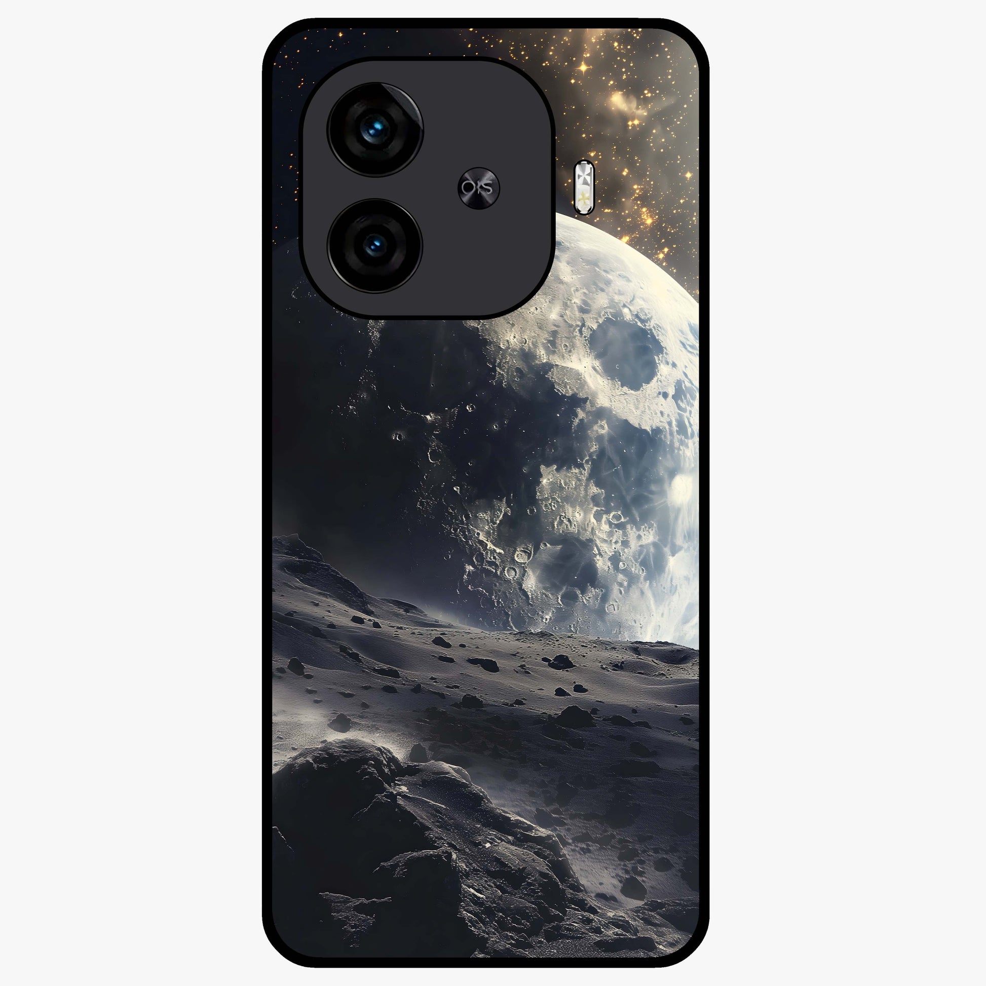 Lunar Horizon Glow Glass Case showing flat back view with glowing moon horizon artwork and glossy glass finish.