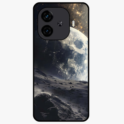 Lunar Horizon Glow Glass Case showing flat back view with glowing moon horizon artwork and glossy glass finish.
