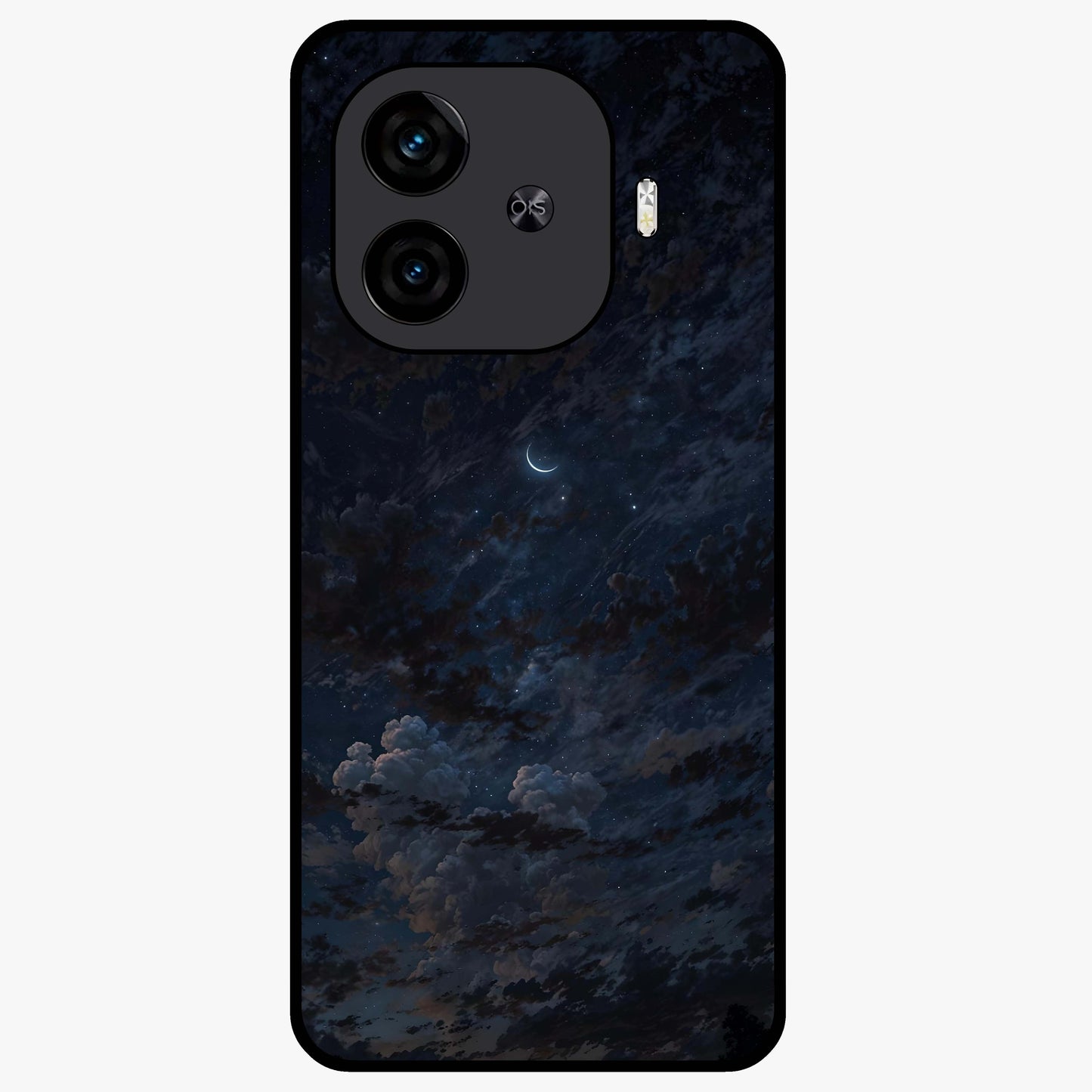 Lunar Veil Silence Glass Case showing flat back view with mystical moon veil artwork and glossy glass finish.