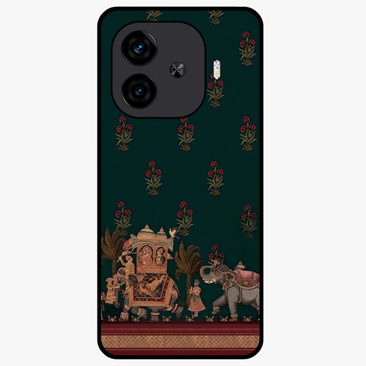 Macmerise Glass Case showing flat back view with stylish modern artwork and glossy glass finish.