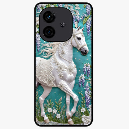 Majestic Floral Stallion Glass Case showing flat back view with powerful horse and floral artwork and glossy glass finish.