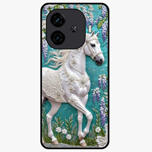 Majestic Floral Stallion Glass Case showing flat back view with powerful horse and floral artwork and glossy glass finish.