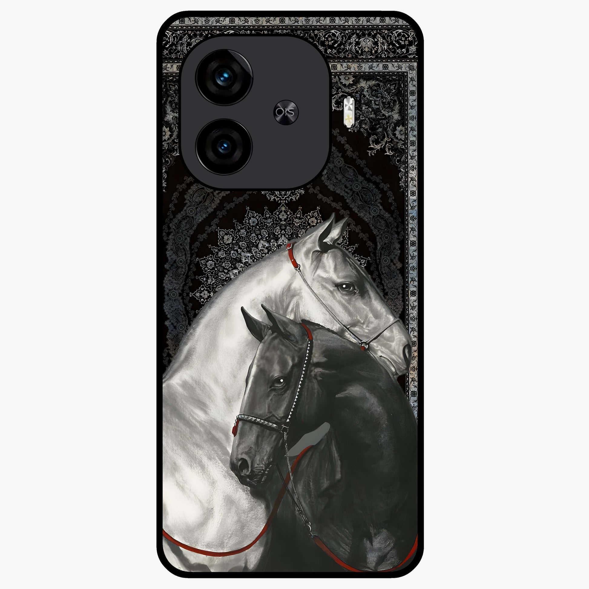 Majestic Ride Legacy Glass Case showing flat back view with powerful automotive inspired artwork and glossy glass finish.