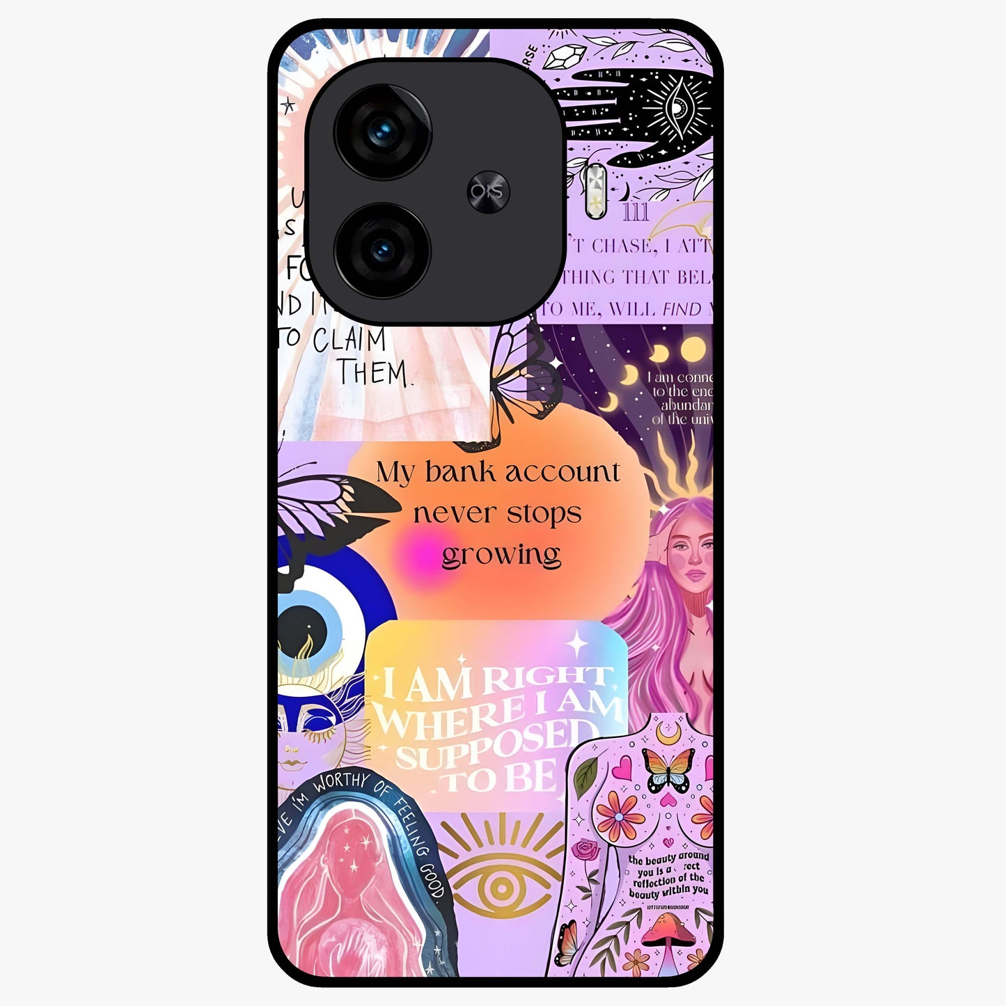 Manifestation Collage Glass Case showing flat back view with motivational collage artwork and glossy glass finish.