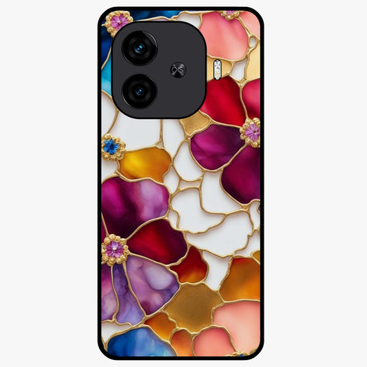 Marble Flower Pattern Glass Case showing flat back view with marble texture floral artwork and glossy glass finish.