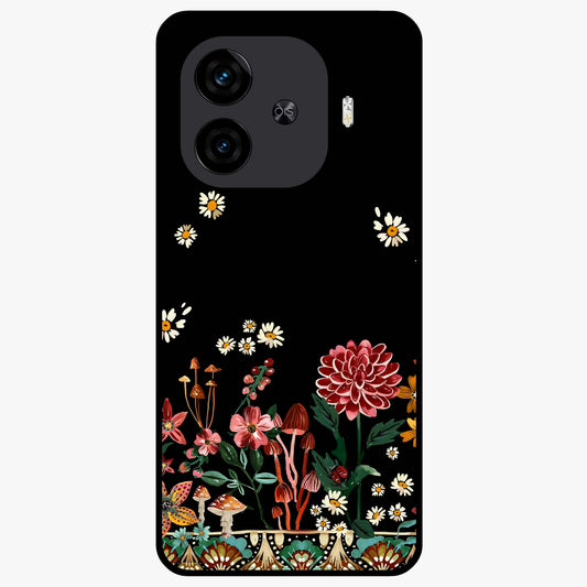Midnight Bloom Pattern Glass Case showing flat back view with dark floral pattern artwork and glossy glass finish.