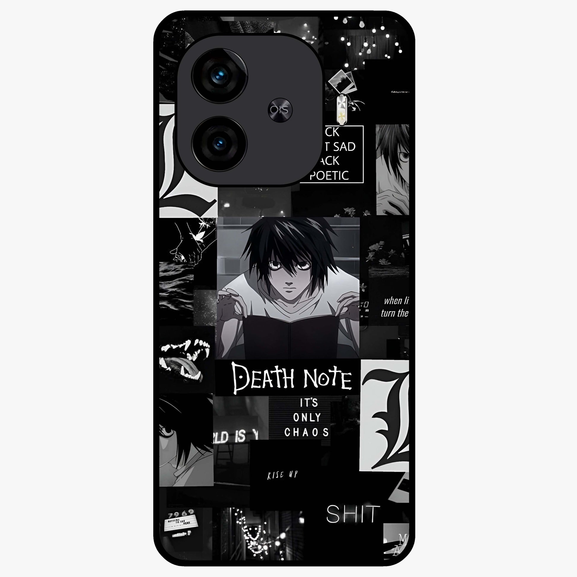 Midnight Chaos Mind Glass Case showing flat back view with abstract dark themed artwork and glossy glass finish.