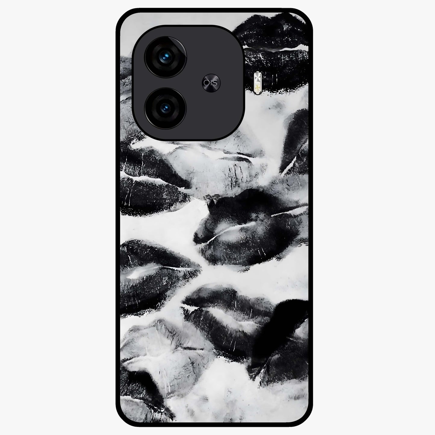 Midnight Kiss Marks Glass Case showing flat back view with lipstick kiss mark artwork and glossy glass finish.