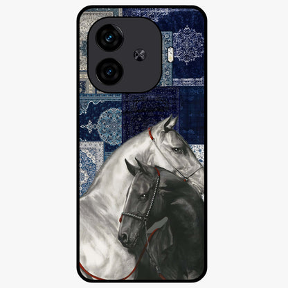 Midnight Stallion Blues Glass Case showing flat back view with majestic horse artwork and glossy glass finish.