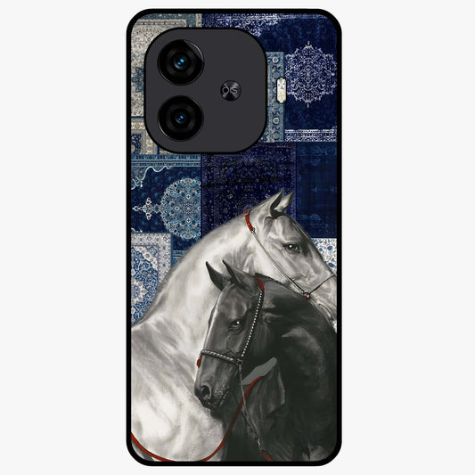 Midnight Stallion Blues Glass Case showing flat back view with majestic horse artwork and glossy glass finish.