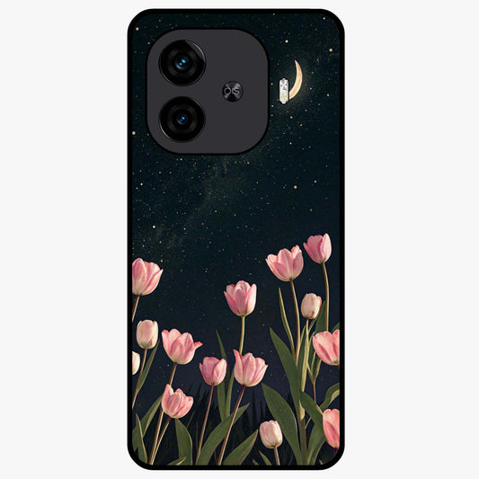 Midnight Tulip Whispers Vibe Glass Case showing flat back view with elegant tulip flower artwork and glossy glass finish.