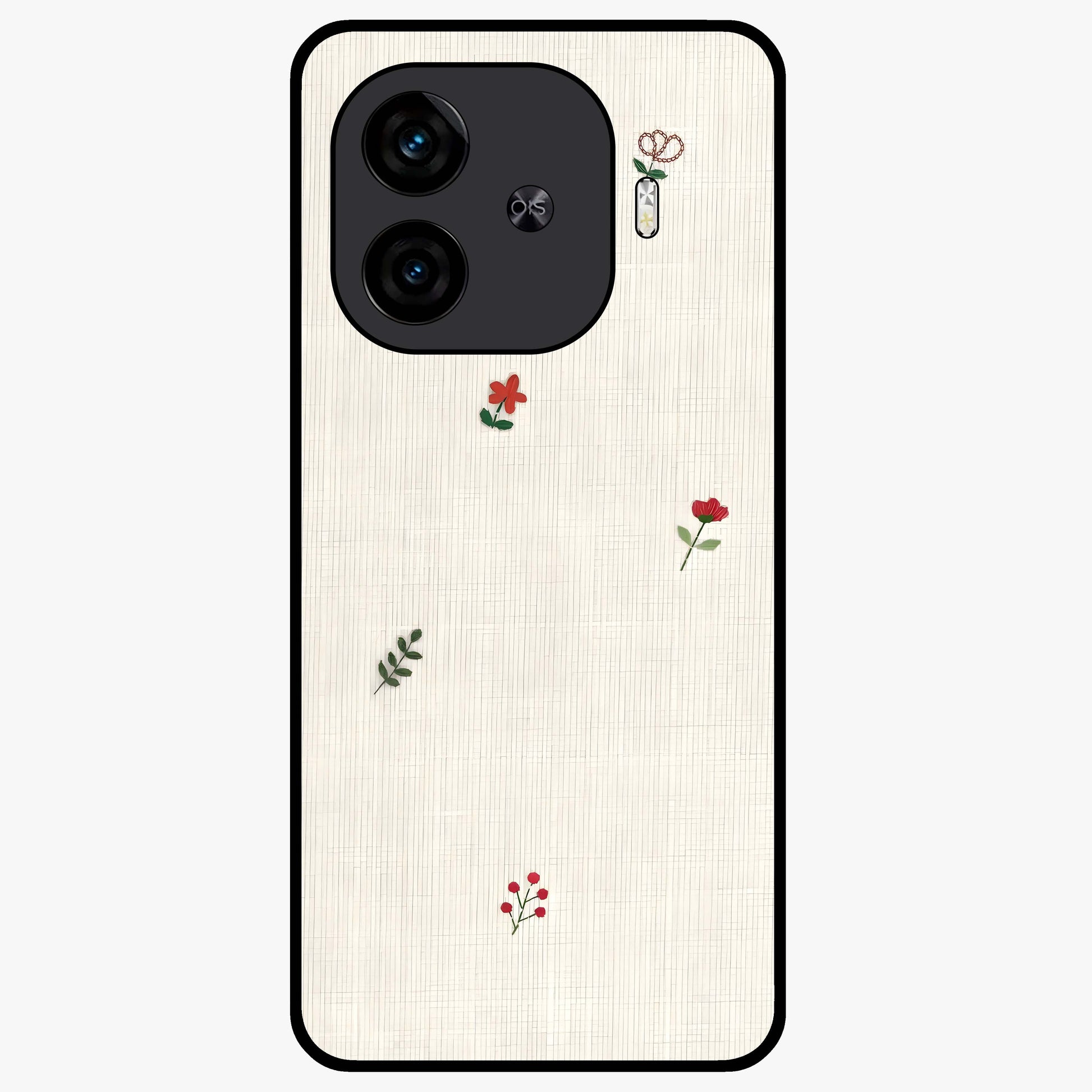 Minimal Petal Whispers Glass Case showing flat back view with soft minimal floral artwork and glossy glass finish.
