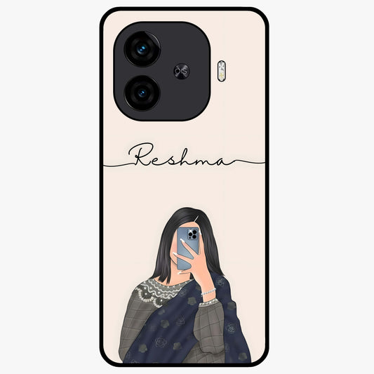 Mirror Mood Muse With Custom Name Glass Case showing flat back view with stylish mirrored artwork and personalized name design.
