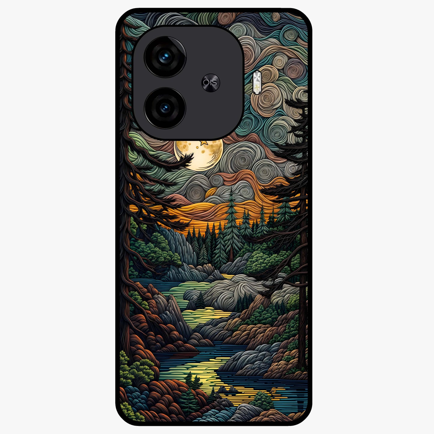 Moonlight Forest Dream Glass Case showing flat back view with mystical forest moonlight artwork and glossy glass finish.
