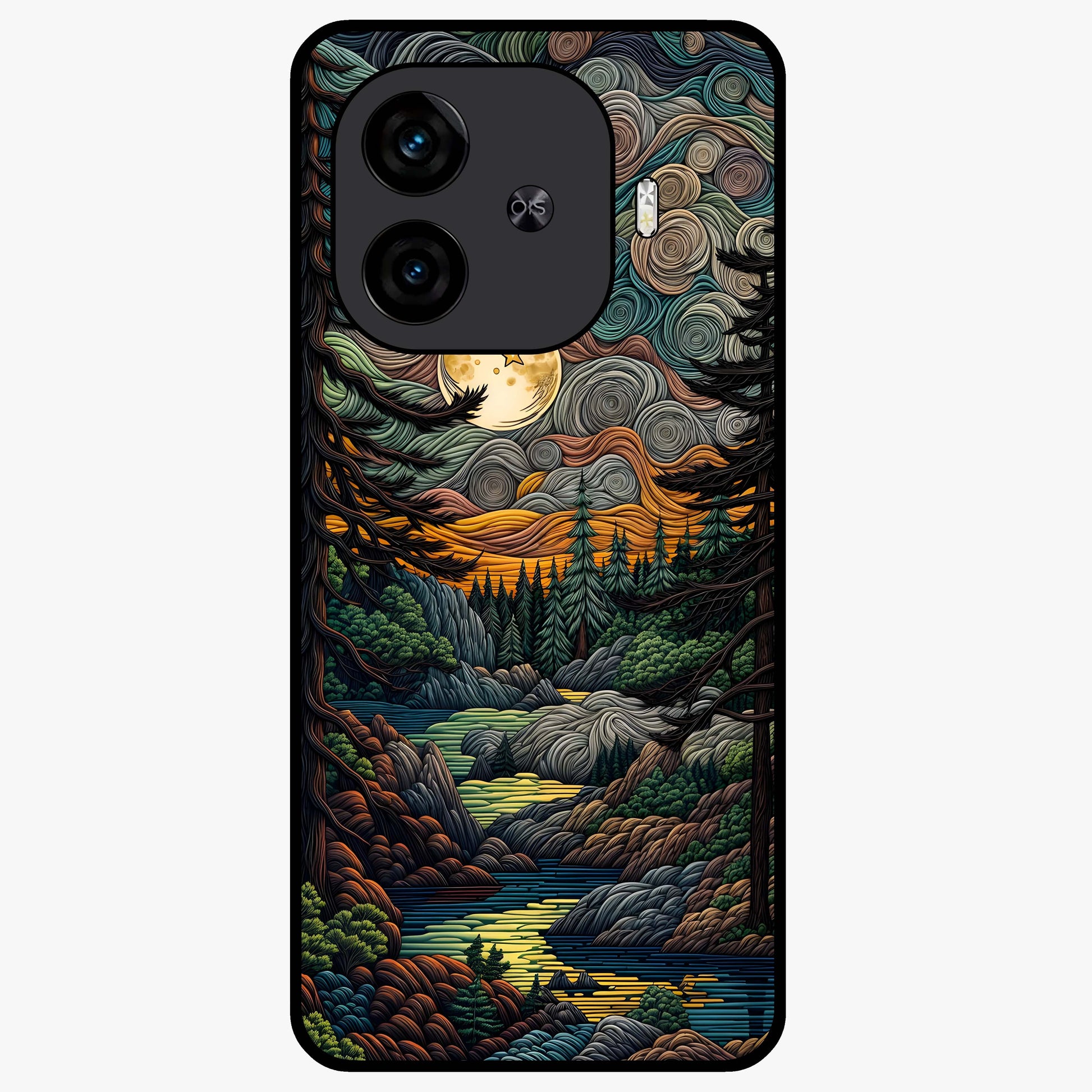 Moonlight Forest Dream Glass Case showing flat back view with mystical forest moonlight artwork and glossy glass finish.