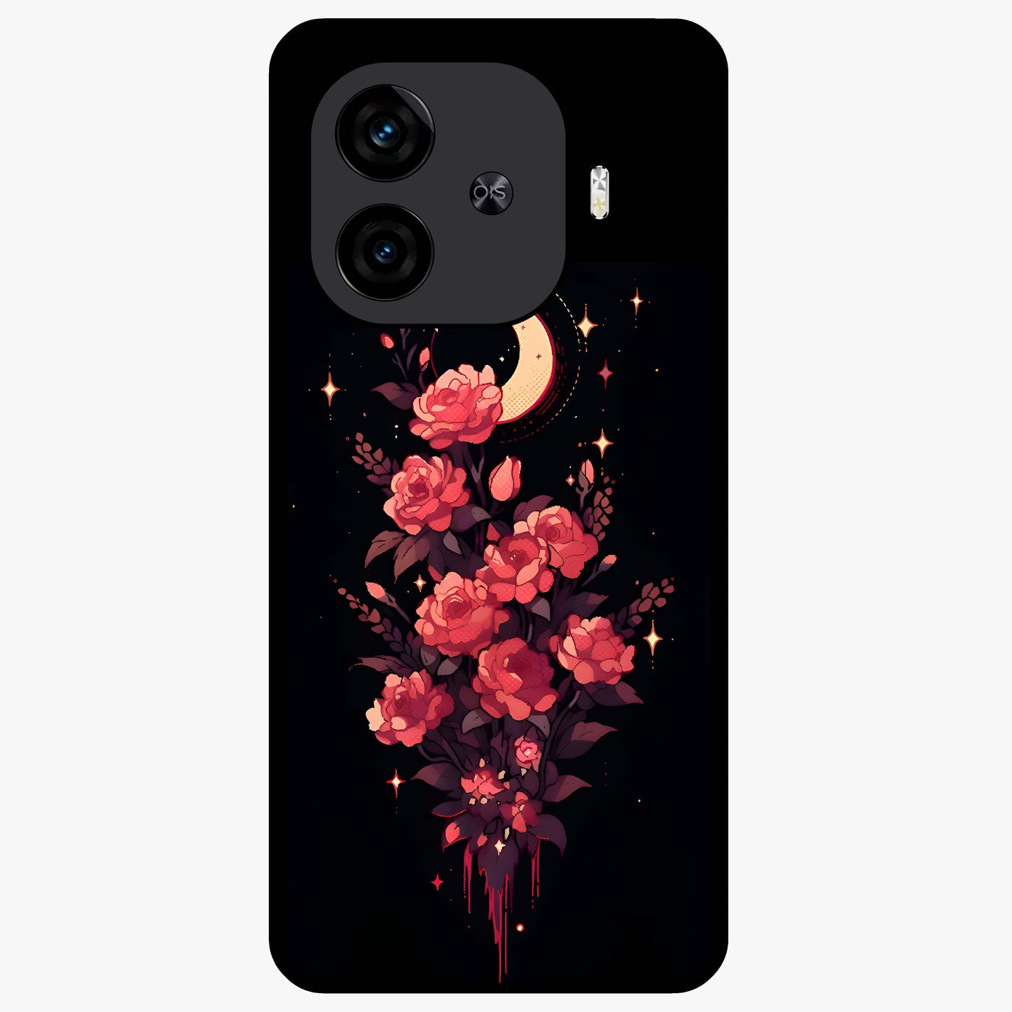 Moonlit Floral Elegance Glass Case showing flat back view with elegant floral artwork under moonlit tones and glossy glass finish.