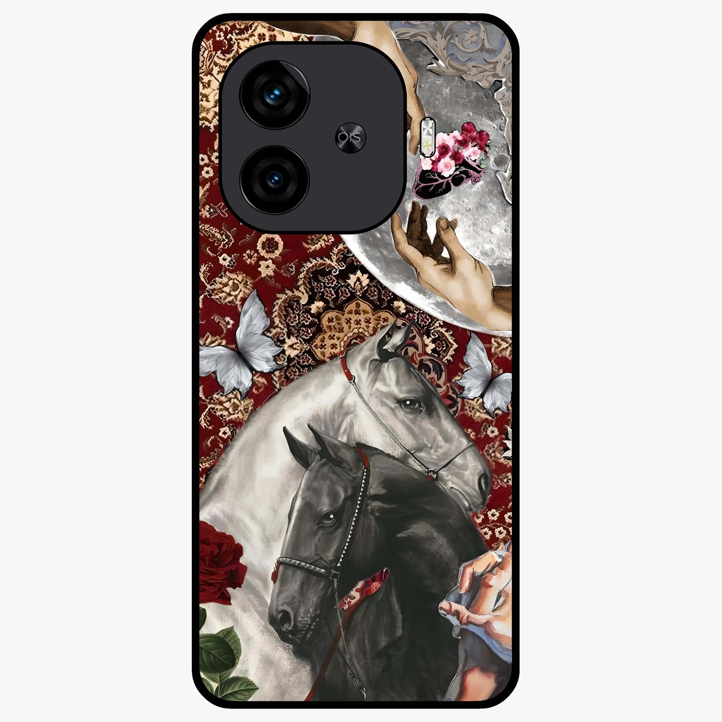 Moonlit Royal Stallion Glass Case showing flat back view with majestic horse under moonlight artwork and glossy glass finish.