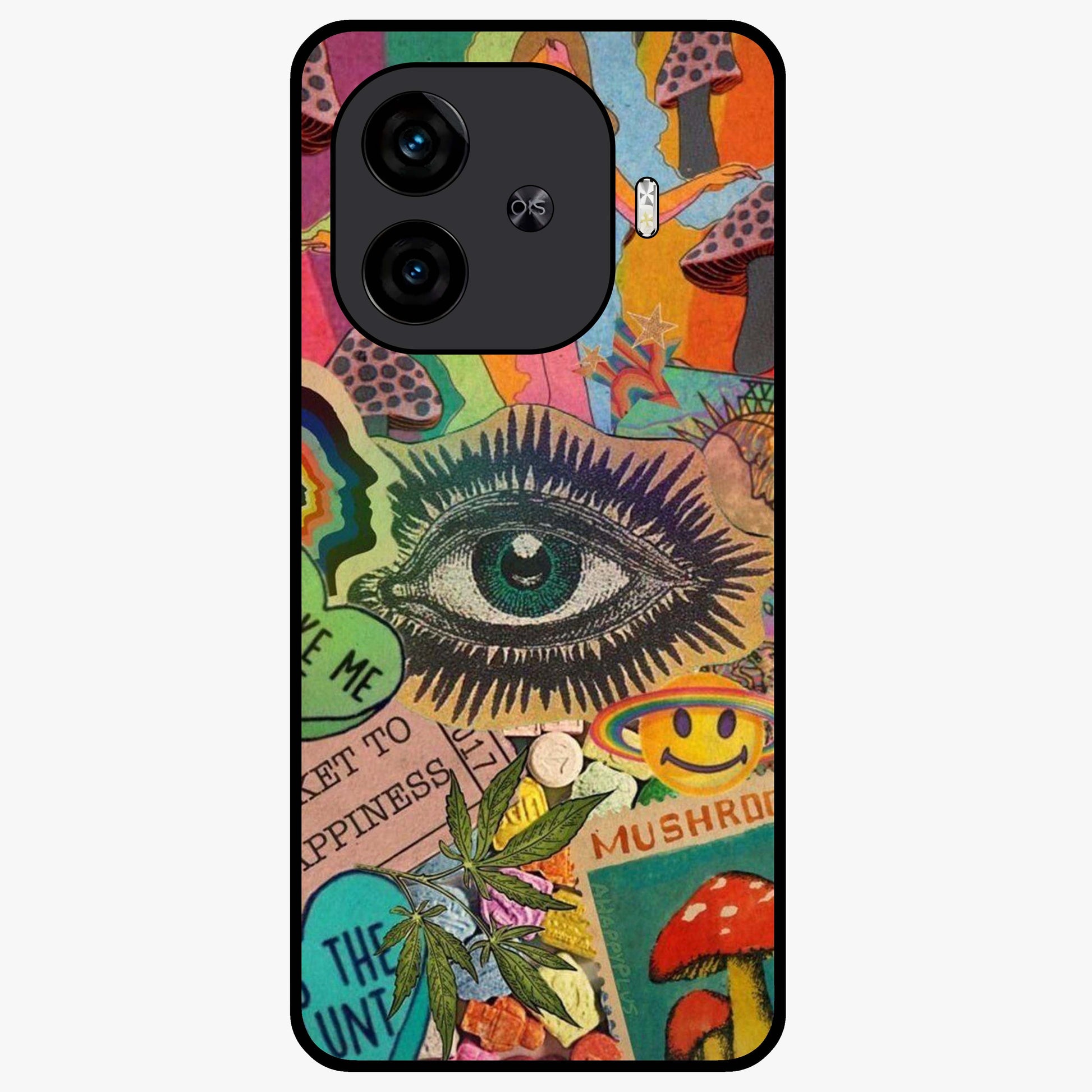 Mystic Eye Wonderland Glass Case showing flat back view with mystical eye themed artwork and glossy glass finish.
