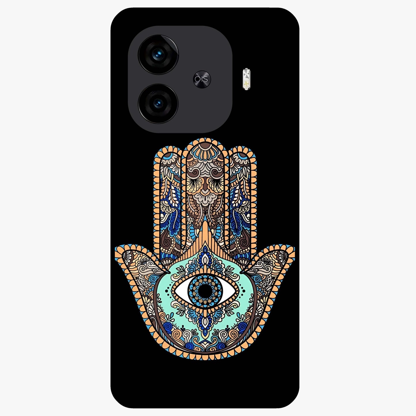 Mystic Hamsa Eye Glass Case showing flat back view with protective hamsa hand and evil eye artwork and glossy glass finish.
