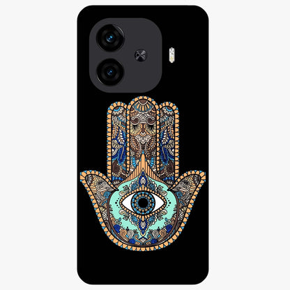 Mystic Hamsa Eye Glass Case showing flat back view with protective hamsa hand and evil eye artwork and glossy glass finish.