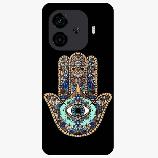 Mystic Hamsa Eye Glass Case showing flat back view with protective hamsa hand and evil eye artwork and glossy glass finish.