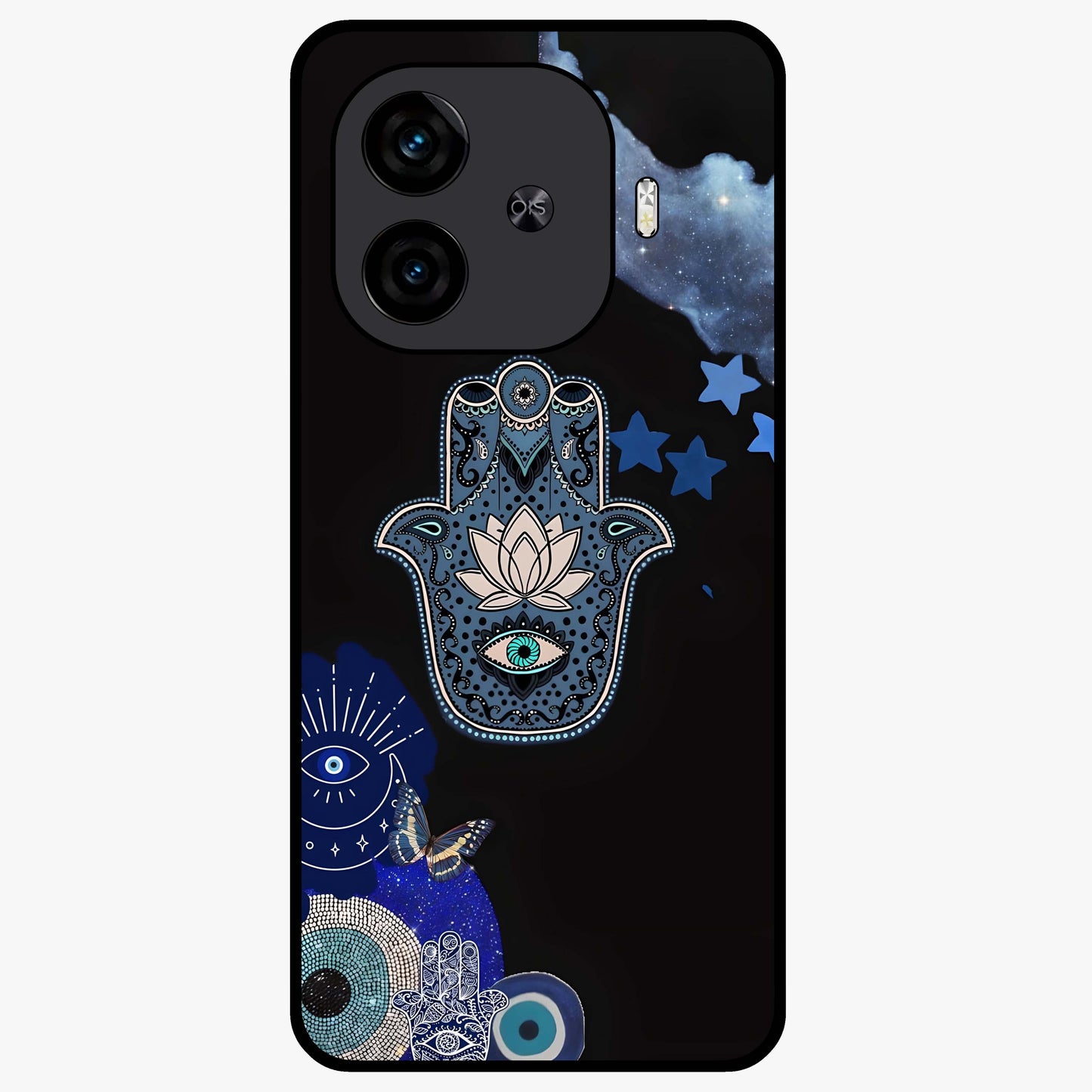 Mystic Hand Aura Glass Case showing flat back view with mystical hand symbol artwork and glossy glass finish.