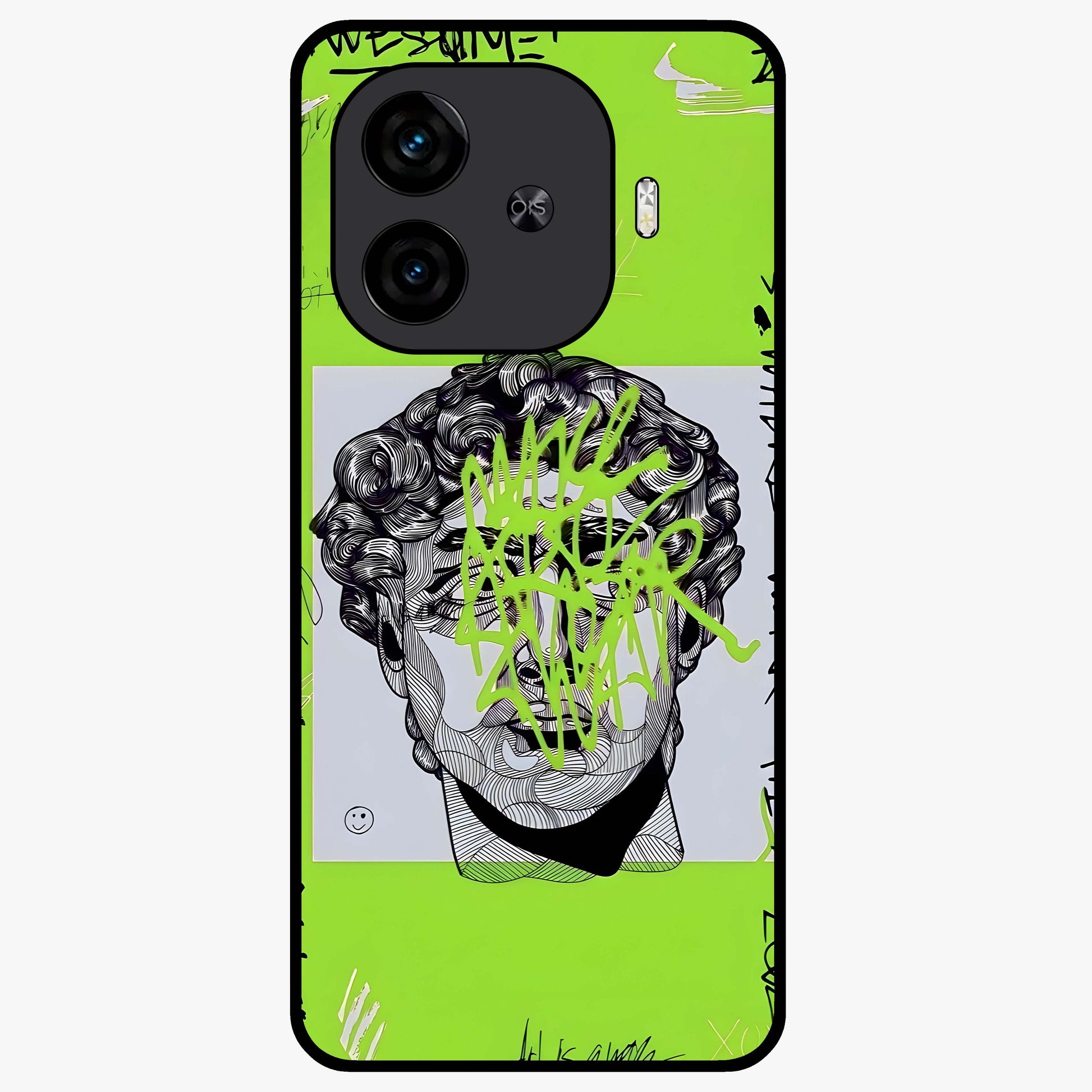Neo Graffiti Rebellion Glass Case showing flat back view with vibrant graffiti artwork and glossy glass finish.