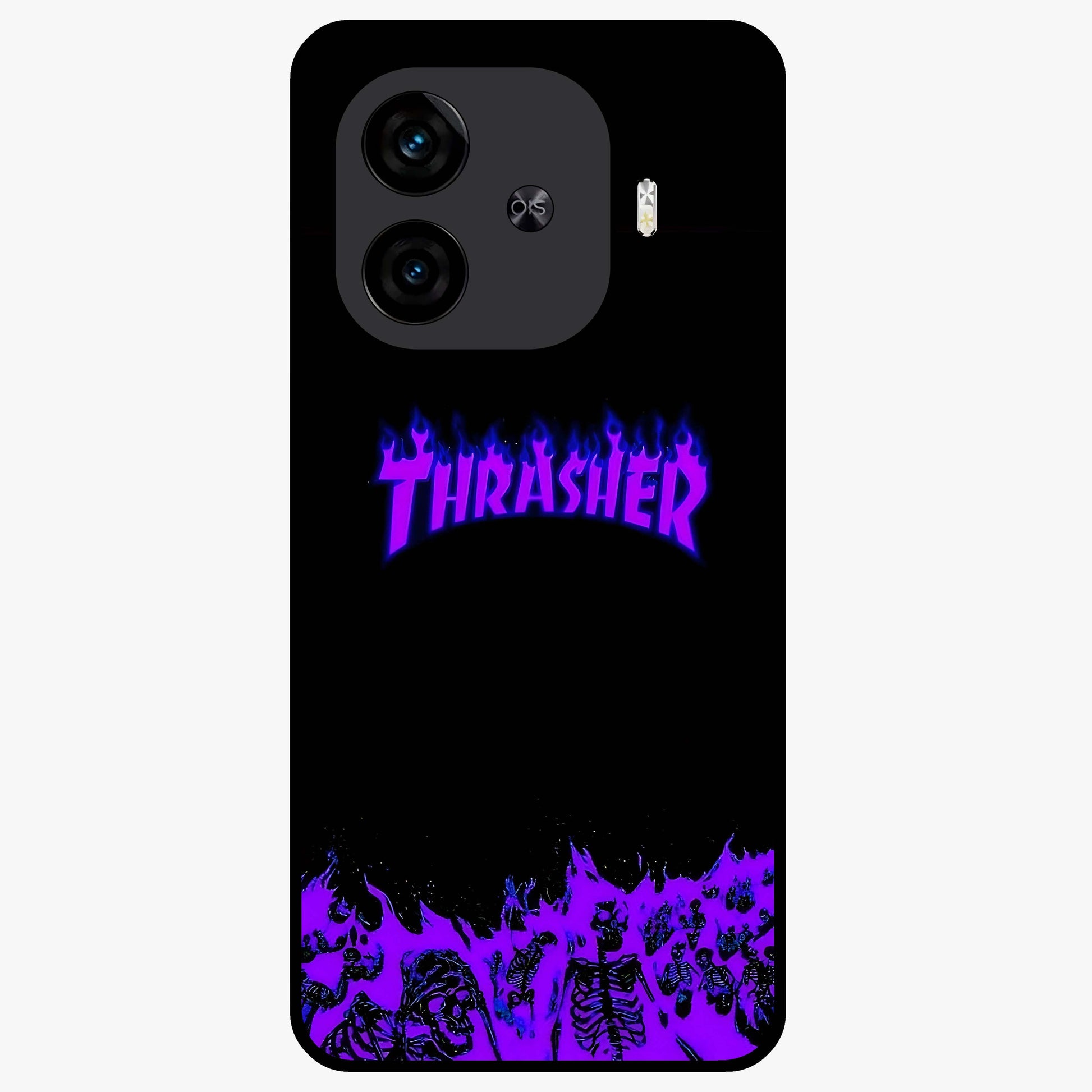 Neon Flame Riot Glass Case showing flat back view with neon flame artwork and glossy glass finish.