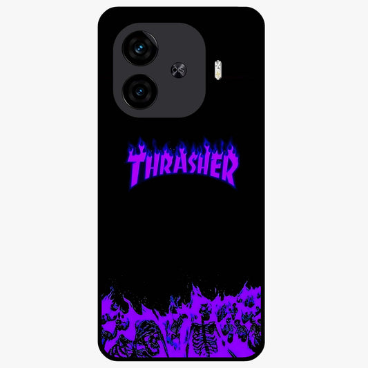 Neon Flame Riot Glass Case showing flat back view with neon flame artwork and glossy glass finish.