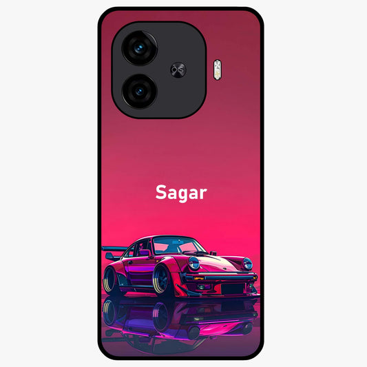 Neon Pink Porsche Glass Case showing flat back view with stylish sports car artwork and glossy glass finish.