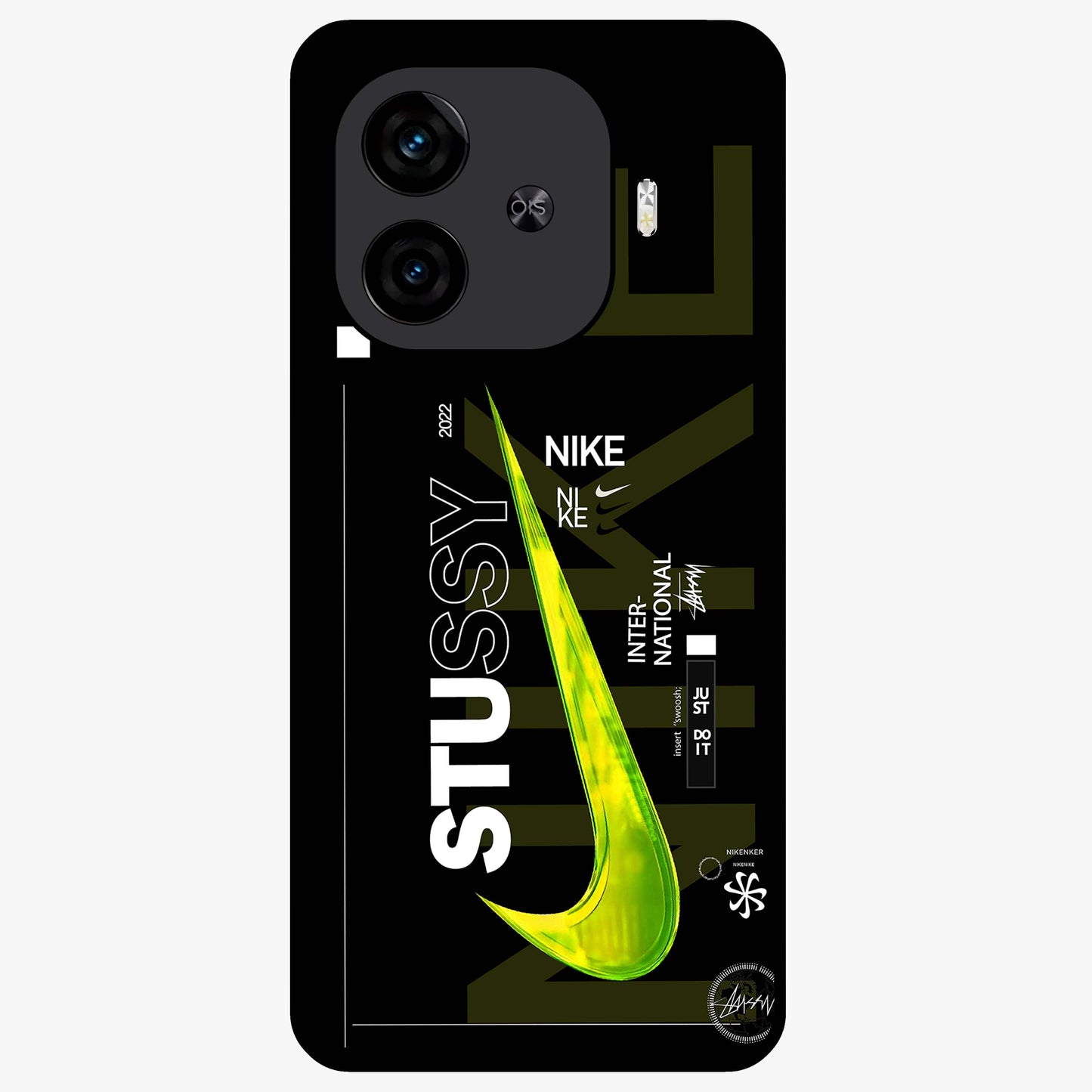Neon Street Edition Glass Case showing flat back view with neon street style artwork and glossy glass finish.